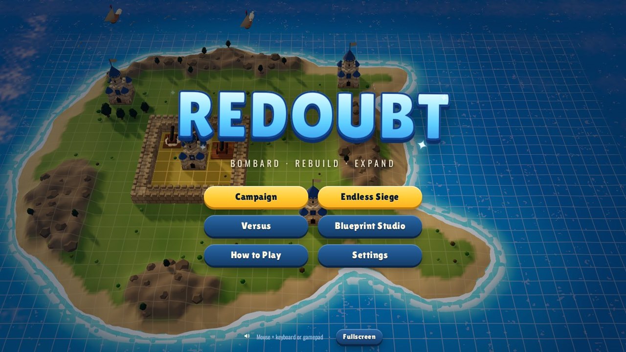 REDOUBT title screen: a stone fortress on an island, with the logo